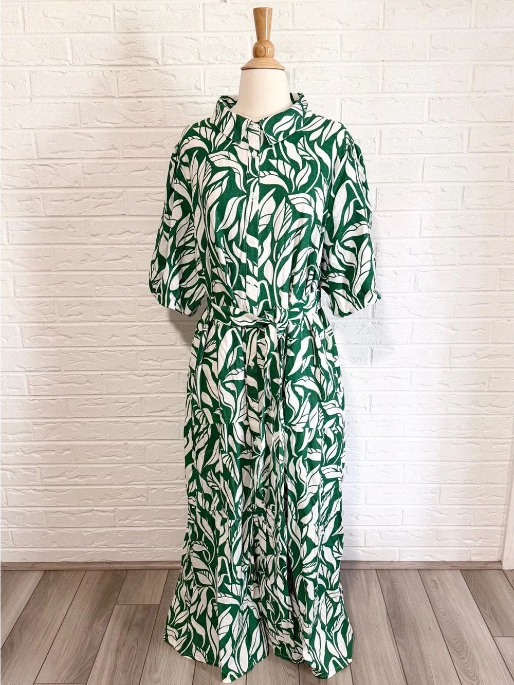 Soft Surroundings Linen Steffi Maxi Dress Green/White Tropical Button-Up Size 2X